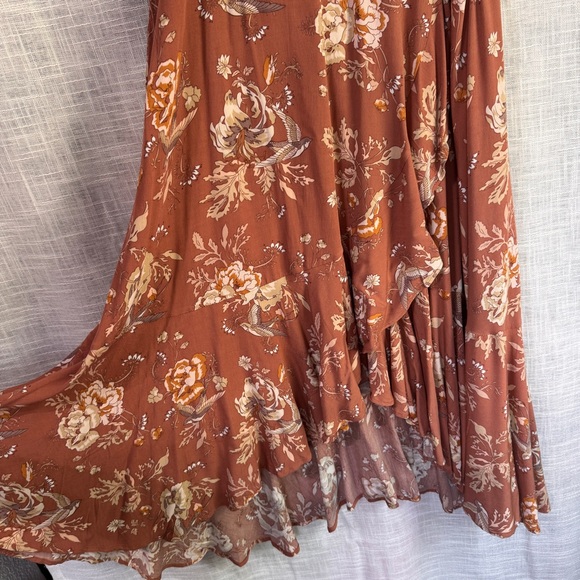 SPELL Rosa Garden Party Floral Bird Print Short Sleeve Midi Dress Camel Size L - Picture 6 of 11